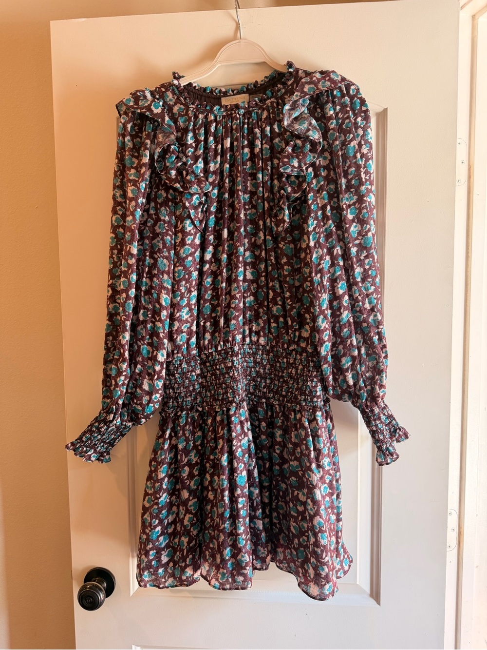 Floral Ruffle Smocked Waist Long Sleeve Dress - Teal & Brown